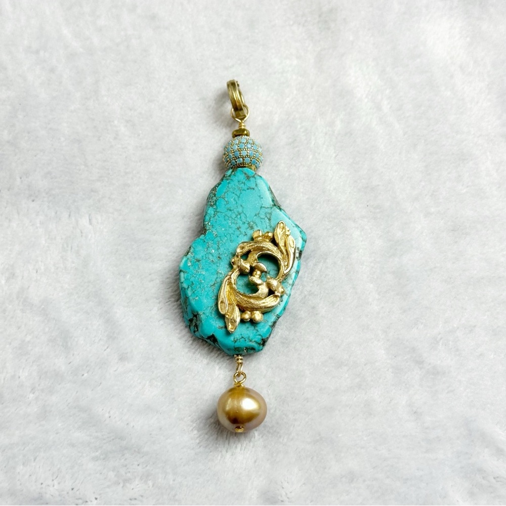 Artisan Handmade Turquoise Slab Freshwater Pearl Statement Pendant